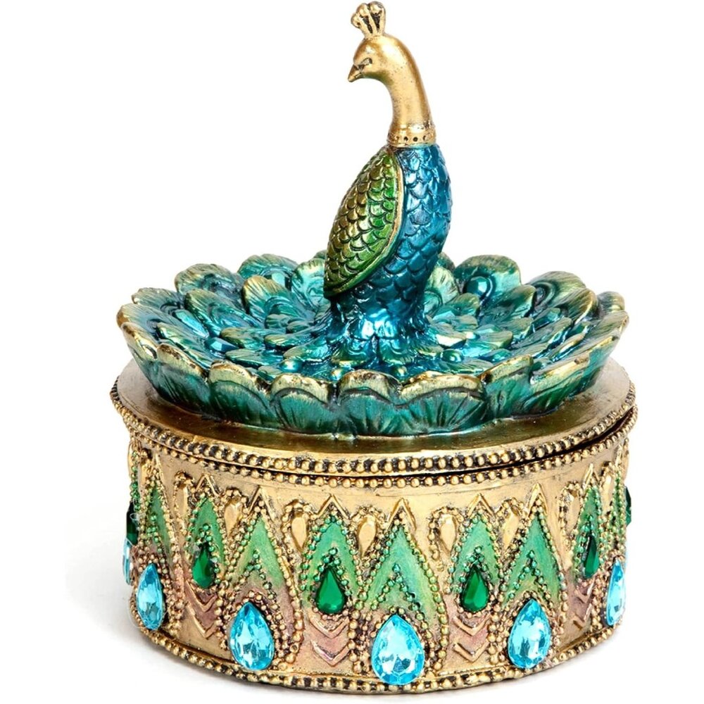 ✨Bits and Pieces Peacock Keepsake Box Turquoise Peacock Art Golden Jewelry Box